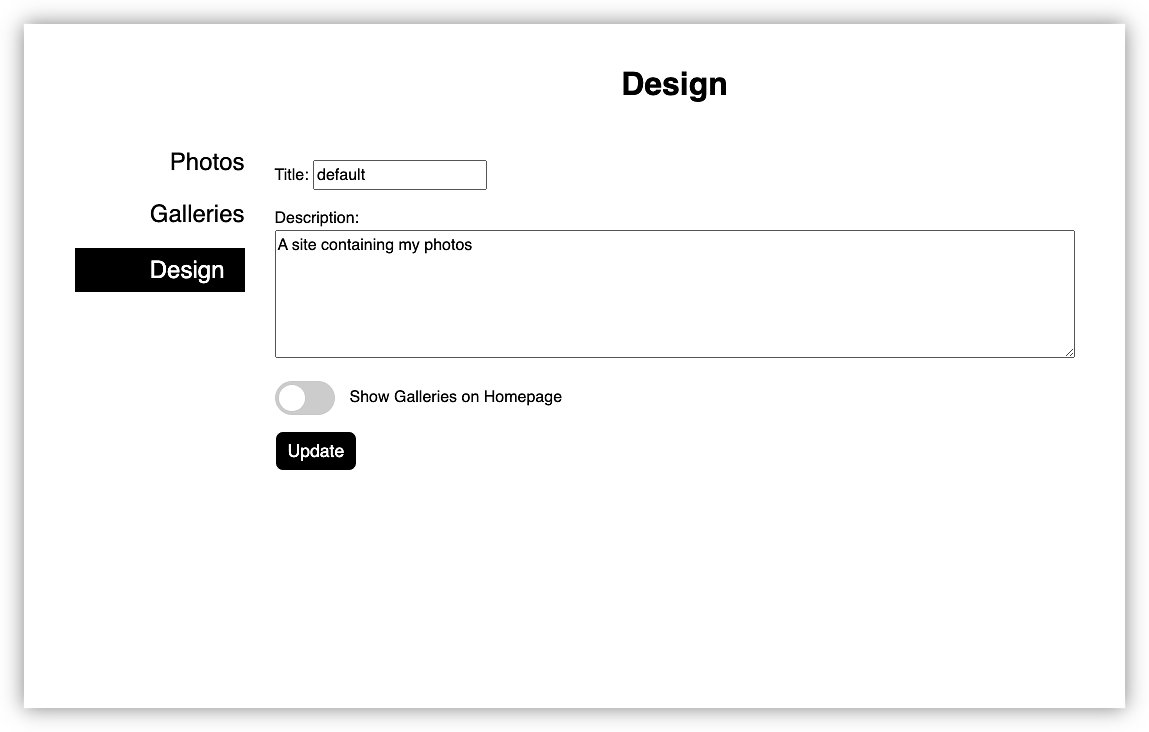 The Design section showing the new "Show Gallers on Homepage" toggle