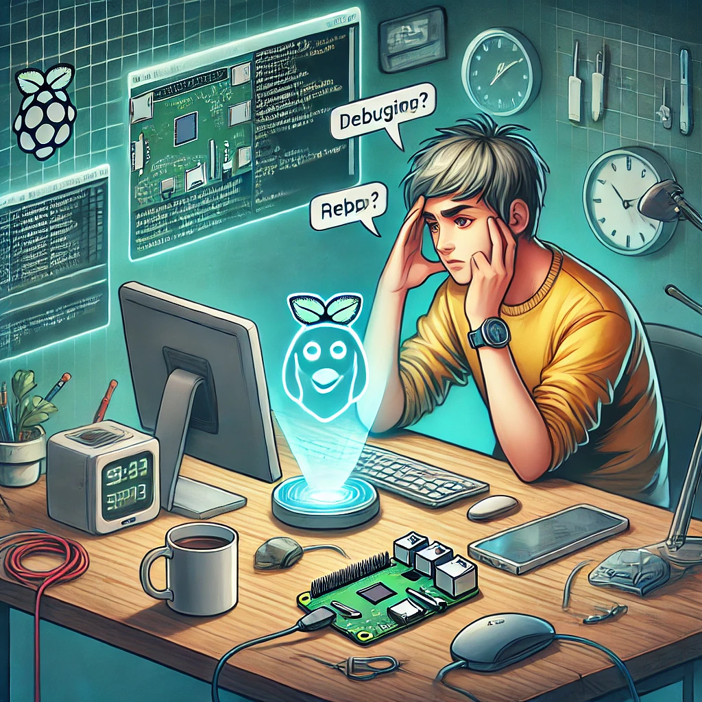 A visually engaging digital illustration of a person sitting at a desk, looking frustrated yet determined while working on a Raspberry Pi 5 