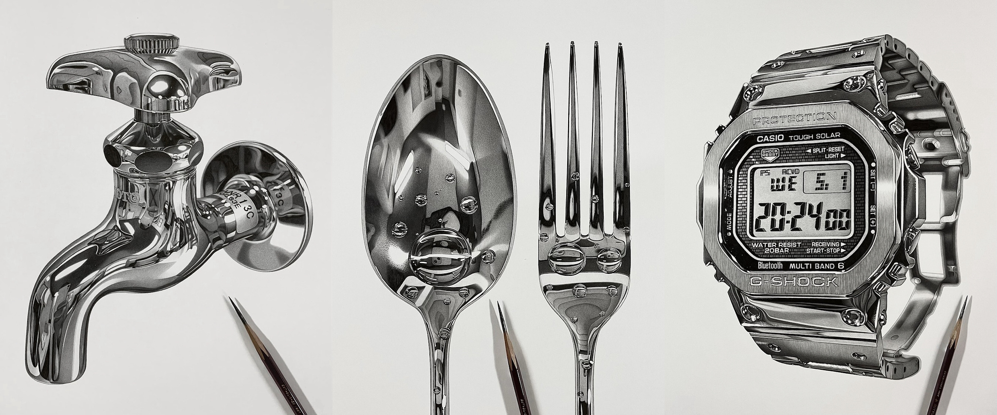 A hyper-realistic artwork depicting a metallic faucet, a spoon, a fork, and a digital wristwatch, with reflections and water droplets visible on some objects.