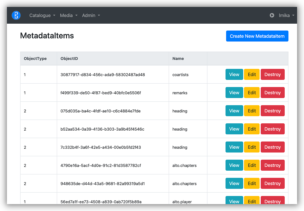 Listing metadata items. Very much undeveloped from the UI generated from Buffalo.