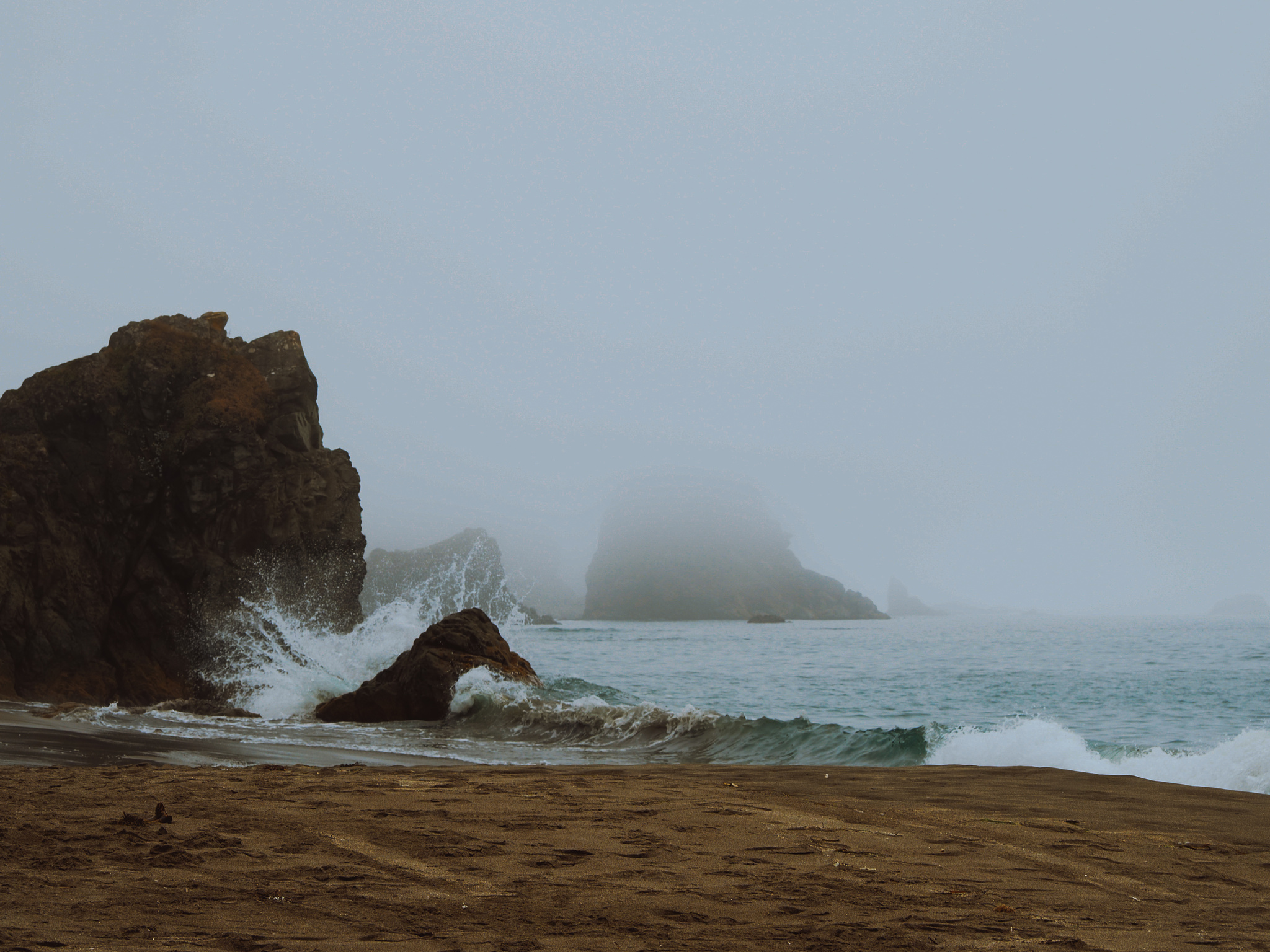 Waves crash against rocks in the ocean fog