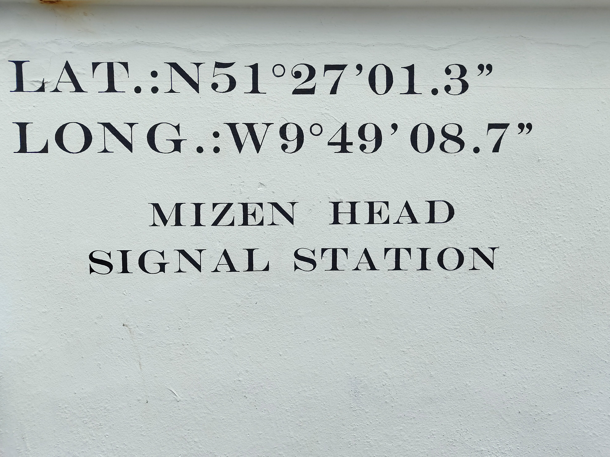 The Latitude and Longitude of Mizen Head printed as a mural on an outhouse.