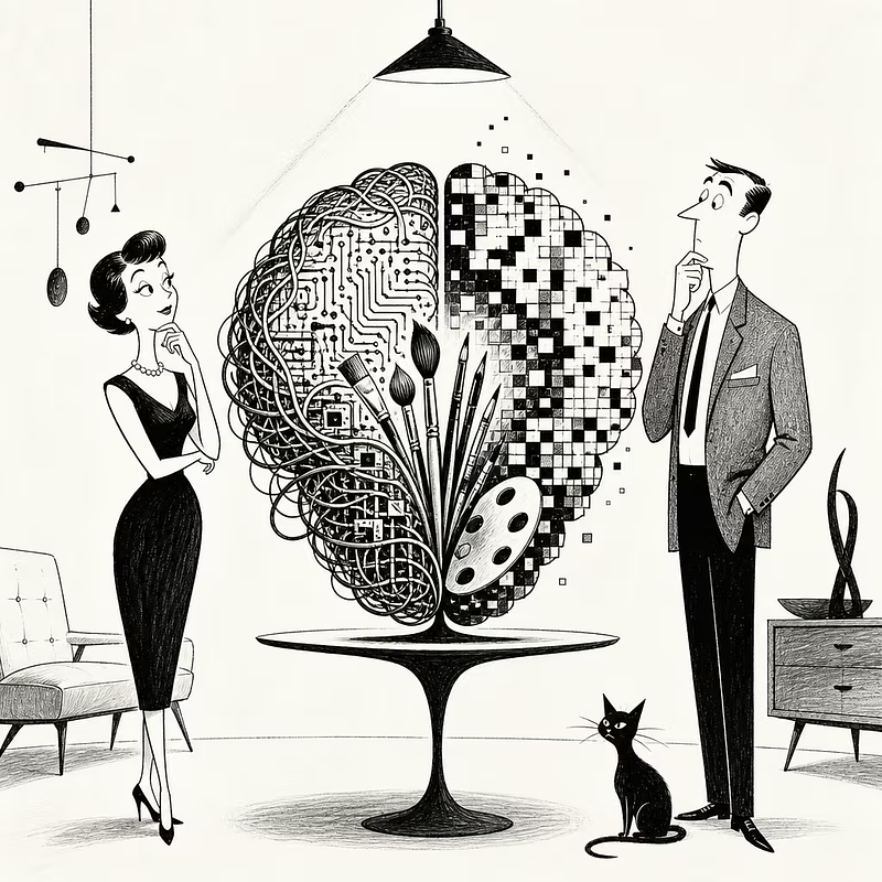 A black and white illustration depicts a man and a woman standing on either side of a round table with a large brain sculpture on it. The brain is split into two halves: the left half is composed of intricate circuits, wires, and electronic components, symbolizing logic and technology; the right half is made up of pixelated squares and contains various paintbrushes and an artist's palette, representing creativity and art. The woman on the left wears a fitted black dress, pearl necklace, and high heels, with her hand thoughtfully touching her chin. The man on the right is dressed in a suit and tie, also with a hand on his chin, appearing contemplative. A black cat sits near the man's feet. The setting is a mid-century modern room with a minimalist chair, a mobile hanging from the ceiling, a sideboard with a decorative sculpture, and a single overhead light illuminating the brain sculpture.