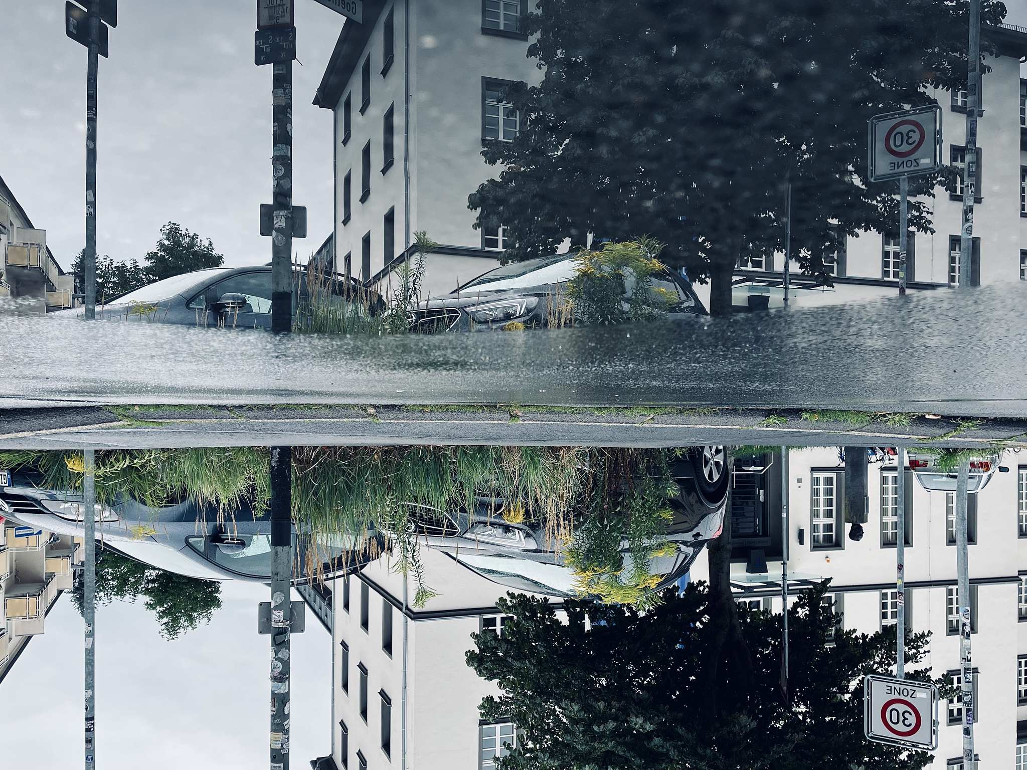 White building, two cars, and a tree, reflected in a puddle on the street. The picture is turned upsidedown.