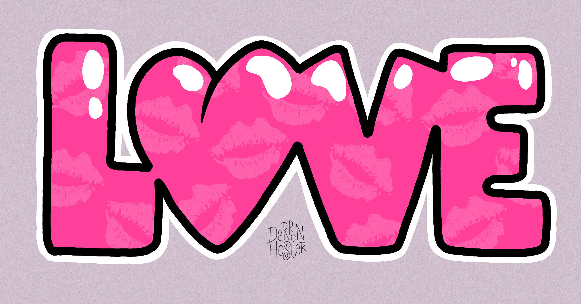 "Love" illustration with kisses on letters.