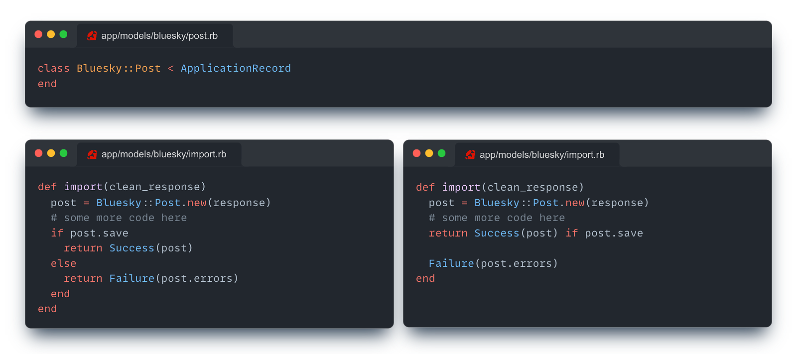 An image with three code samples showing an Active Record model and two options to check if post is saved