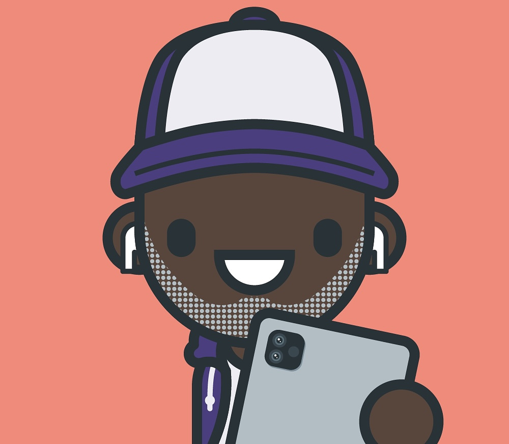 Illustration of a smiling character wearing a cap,  with AirPods, and holding an iPad.