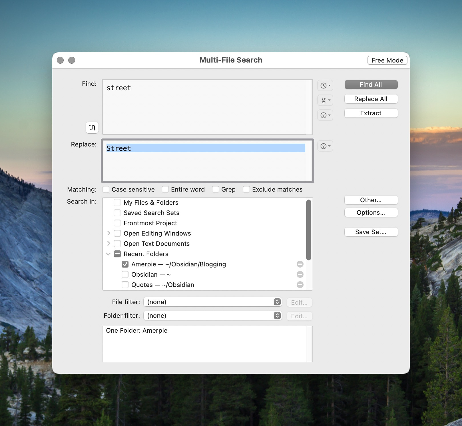 The multi-file search window in the free version of BBEdit.