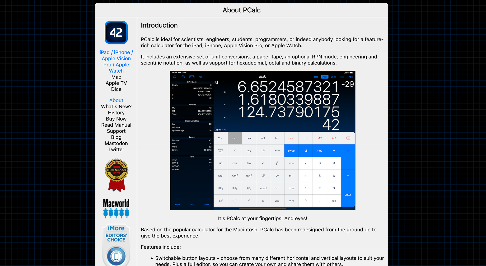 Screenshot PCalc for iOS Homepage (2024-04-19)