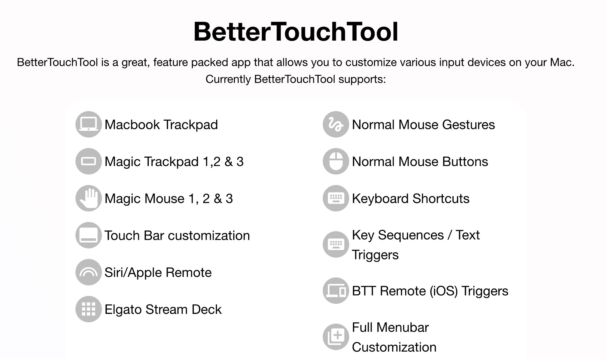 a list of Better Touch Tool input sources