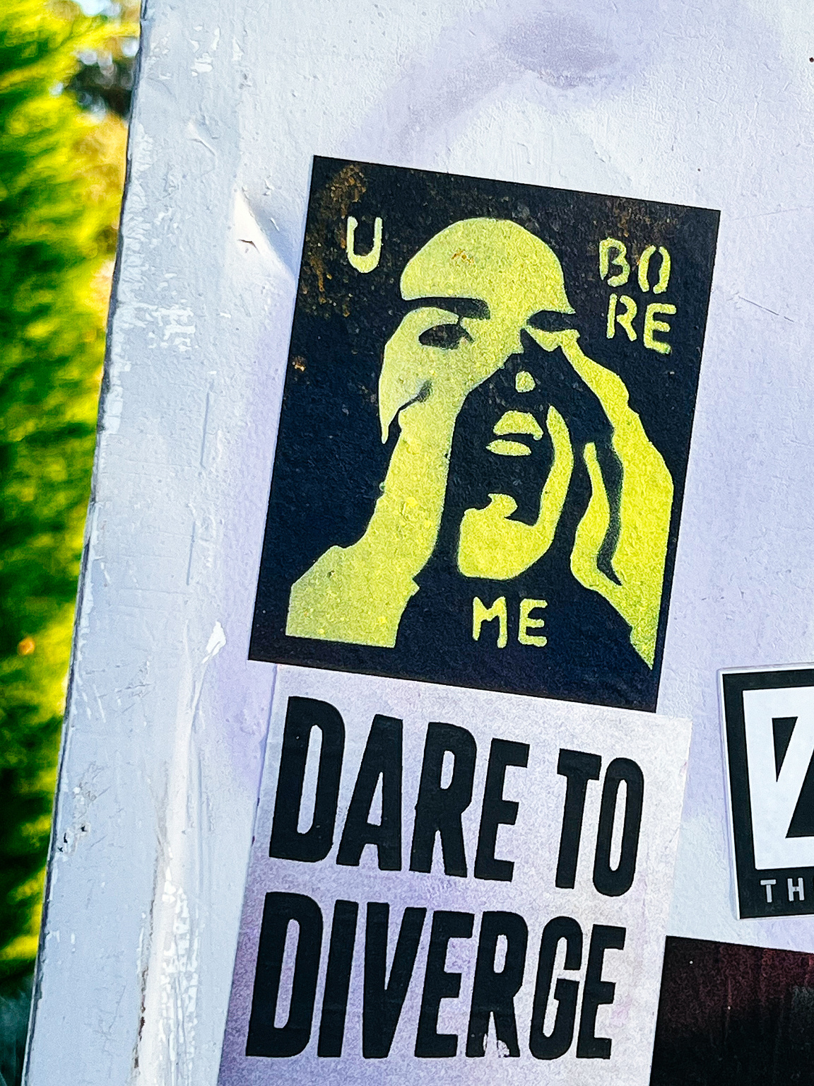 A scream: "U Bore Me". And "Dare to Diverge".