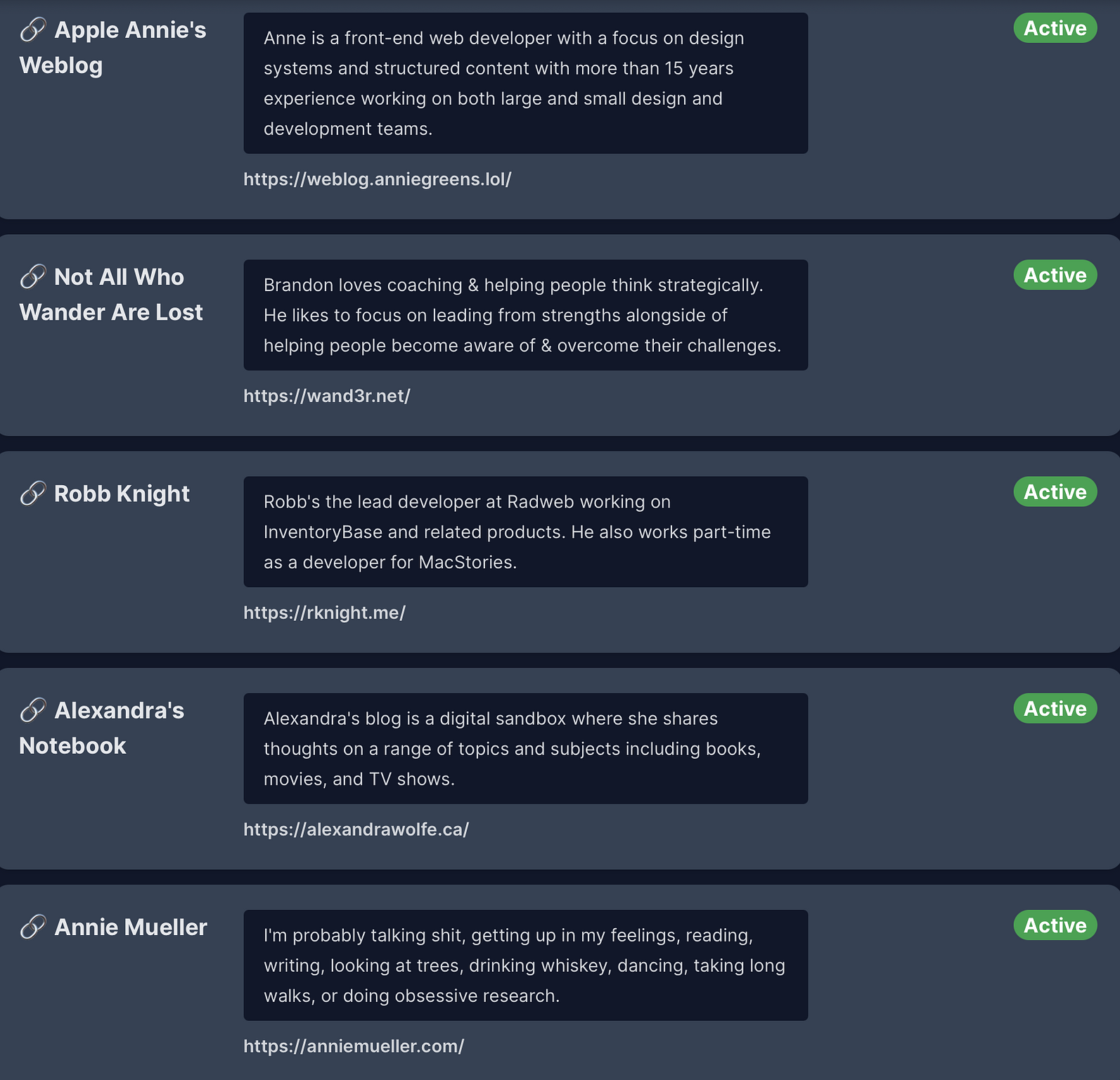 Screenshot of the Shoutouts admin panel showing some of my blogroll entries.