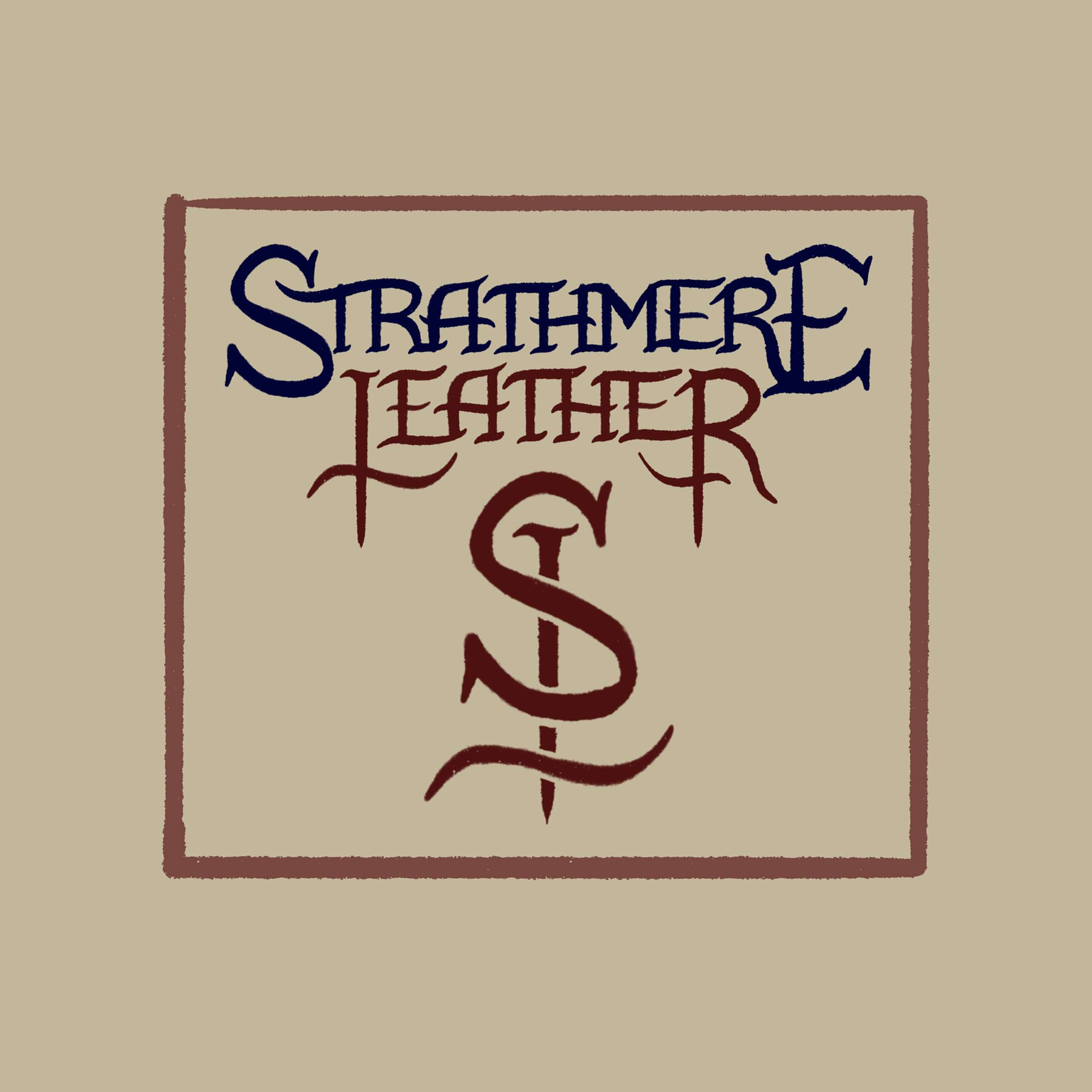 A logo for “Strathmere Leather” featuring stylized text. The word “Strathmere” is written in blue at the top, while “Leather” is in a brown, calligraphic font below it. Beneath the text, there is a decorative letter “S” that is also brown. The logo is enclosed within a simple brown rectangular border, set against a beige background.