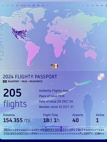 Flighty App Passport for 2024 Showing number of flights and miles flown. 