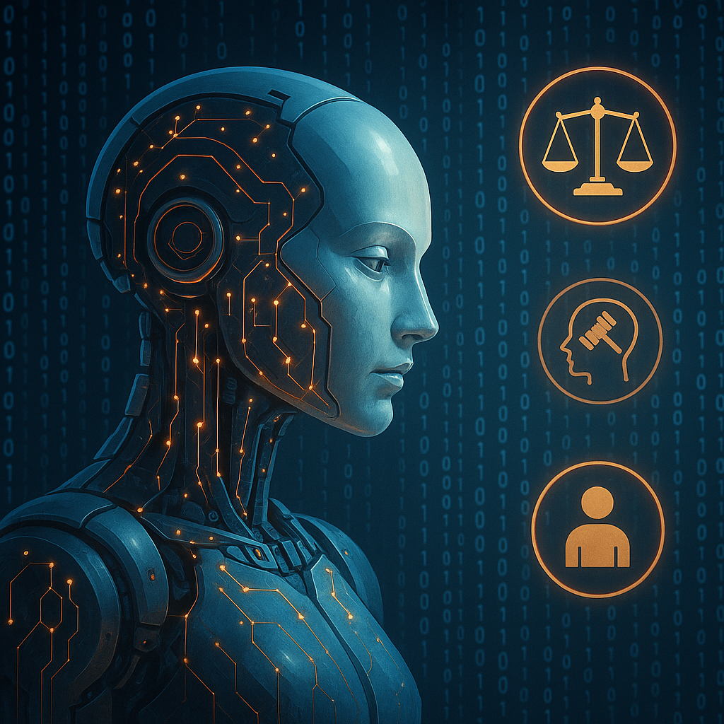 Image by Ron Aardening - generated by AI - prompt: A high quality, thoughtful image representing artificial intelligence and ethics, featuring a futuristic robot with a human-like face, glowing circuits, and a backdrop of digital code and ethical symbols like scales of justice, inspired by Isaac Asimov's themes