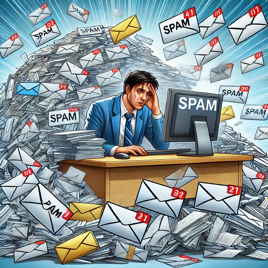 Man sitting at a desk looking at a computer screen and letters all around him with the work Spam