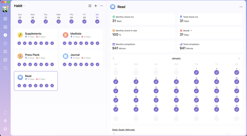 One month of habits completed in TickTick