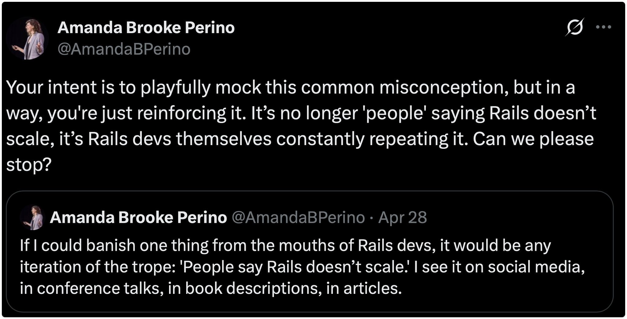 Amanda sharing here taht we should not spread misconceptions about Rails