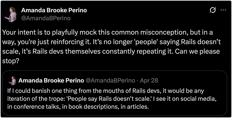 Amanda sharing here taht we should not spread misconceptions about Rails