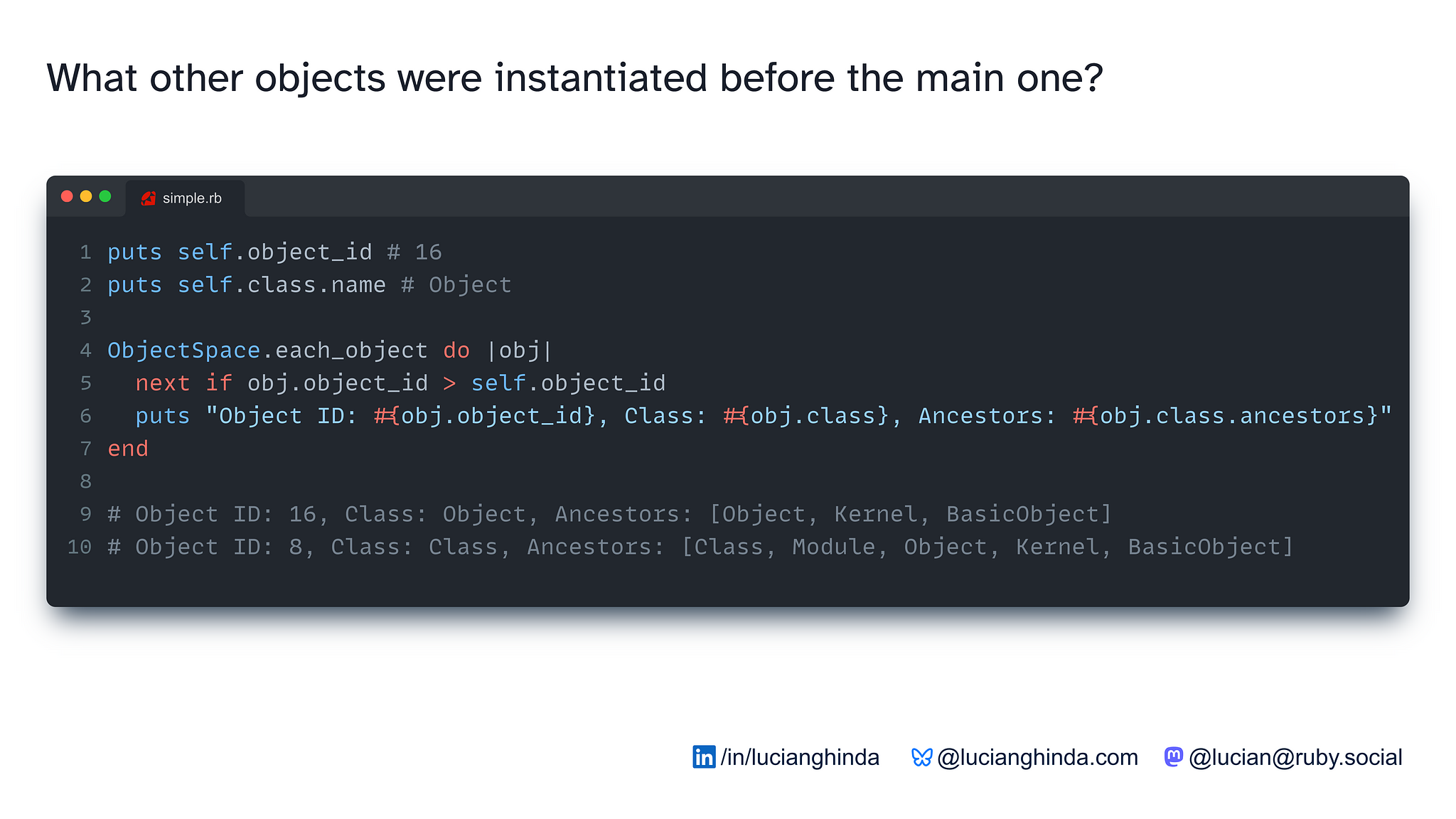 Image showing object id for main and then looping through ObjectSpace for display other objects