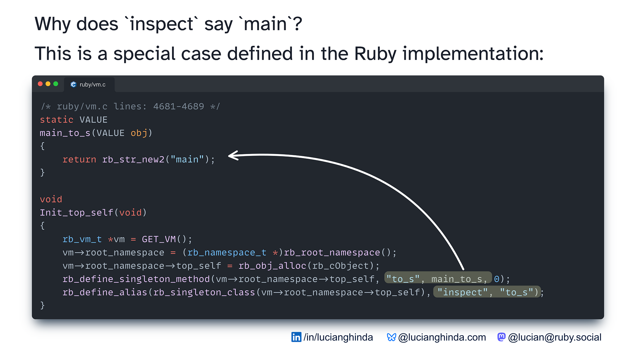 Image shows Ruby source code where `Init_top_self` defines `inspect` as alias to `to_s` and then the special `to_s` implementation that returns `main`