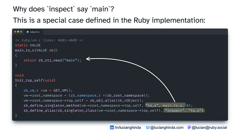 Image shows Ruby source code where `Init_top_self` defines `inspect` as alias to `to_s` and then the special `to_s` implementation that returns `main`