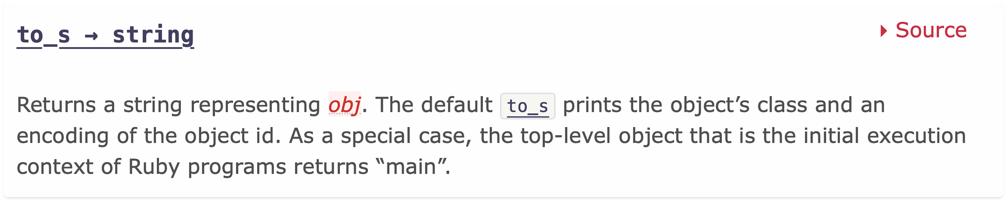 Screenshot of documentation from Object\#to_s that describes the specific case for returning main