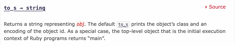 Screenshot of documentation from Object#to_s that describes the specific case for returning main