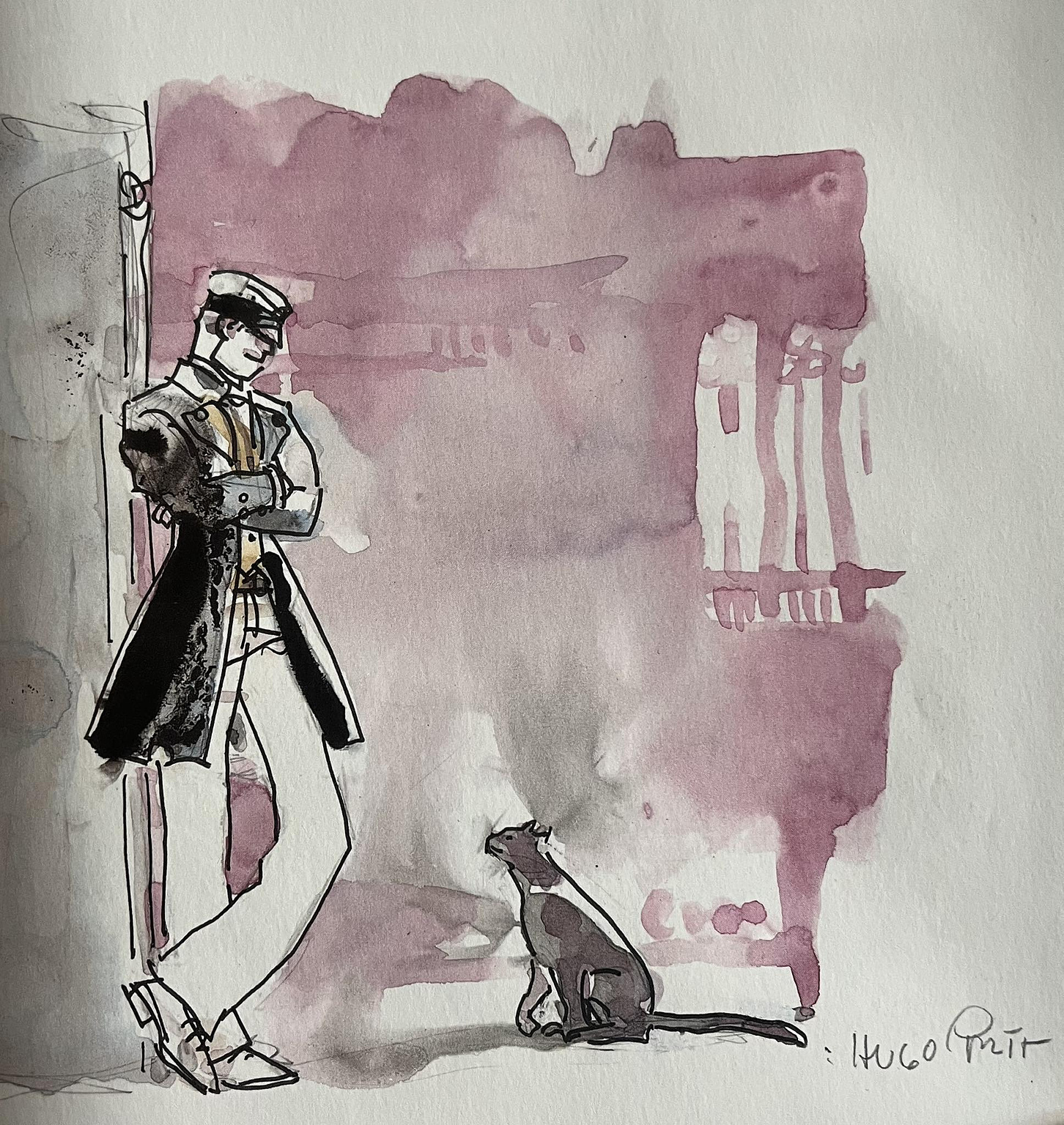 a watercolor painting of Corto Maltese character and a black cat by italian artist and author Hugo Pratt