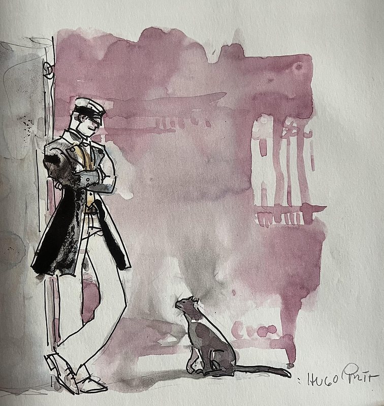 a watercolor painting of Corto Maltese character and a black cat by italian artist and author Hugo Pratt