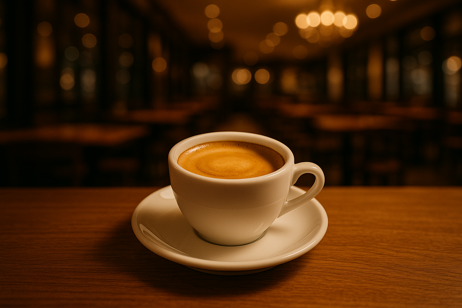 Image by Ron Aardening - generated with AI - Prompt: A high quality landscape oriented photo of a freshly brewed espresso in a small white cup on a wooden table, with rich crema on top, warm natural lighting, and a cozy coffee shop background