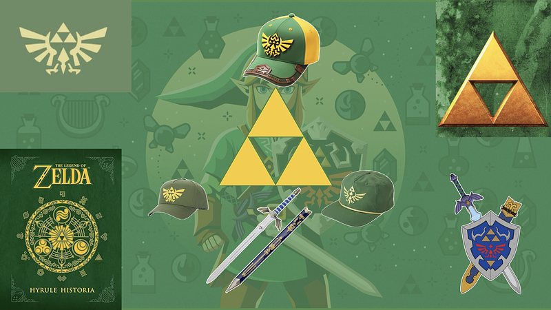 Merchandise with Zelda's symbols and visual elements