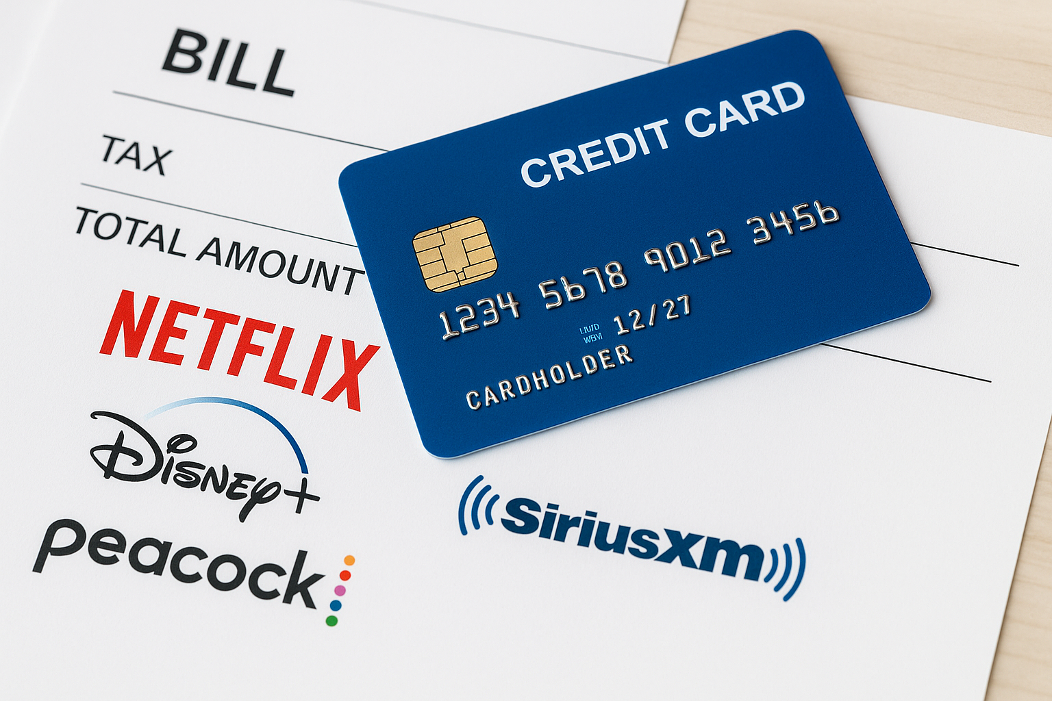 A close-up photo shows a blue credit card with a gold chip resting on a printed bill. Logos for Netflix, Disney+, Peacock, and SiriusXM are clearly visible on the sheet. The text "BILL," "TAX," and "TOTAL AMOUNT" appear above the logos, symbolizing the cumulative cost of multiple streaming subscriptions.