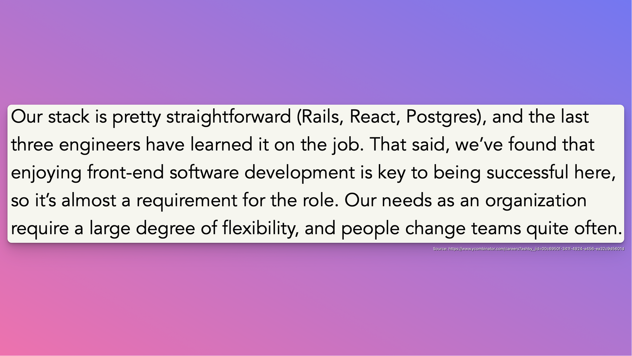 Screenshot of a text from JD describing the tech stack used by Work at a Startup and Bookface