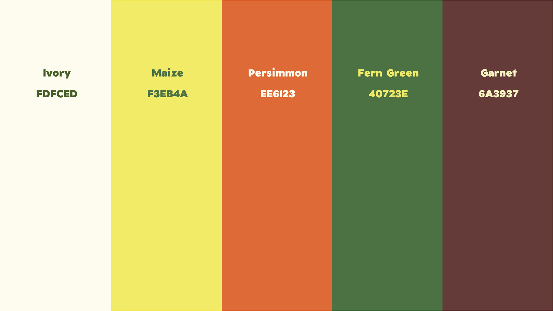 My proposed color palette: using Fern Green and Maize colors as primary colors, and Ivory, Persimmon, and Garnet for complementary colors