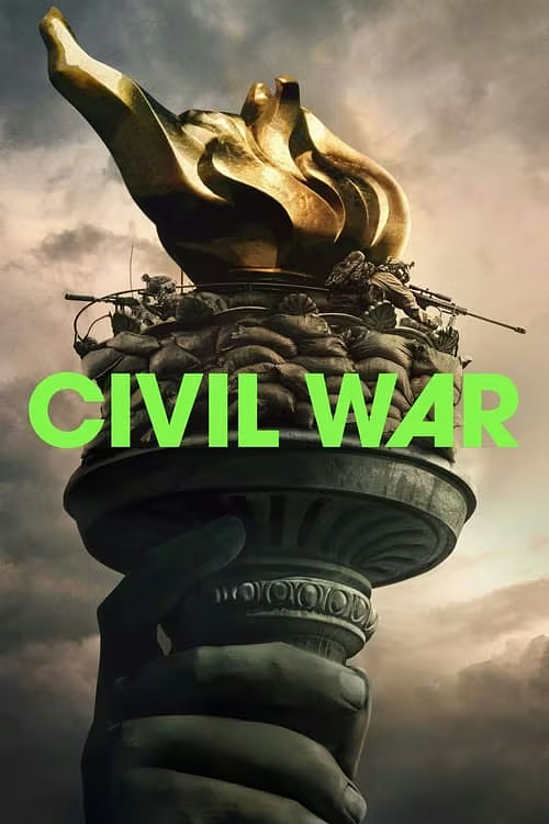 A close-up image of the torch held by the Statue of Liberty against a cloudy, dramatic sky. The torch's flame is golden and stylized, glowing with a warm light. Surrounding the base of the flame are sandbags and two soldiers in combat gear, positioned as if in a battle, aiming rifles in opposite directions. The soldiers and sandbags create a wartime scene atop the torch. Bold, bright green text reading "CIVIL WAR" is prominently displayed across the middle of the image, partially covering the torch and soldiers. The overall tone is intense and somber, suggesting conflict and struggle.
