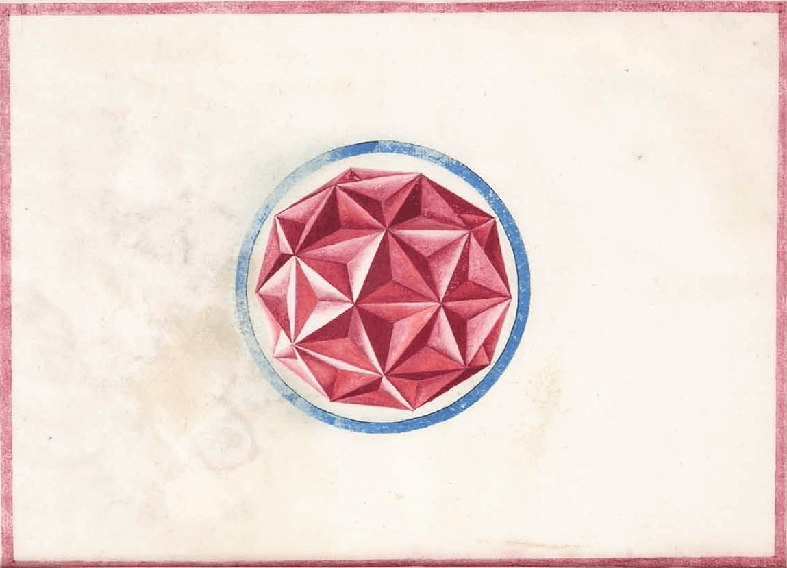 A red geometric form enclosed in a blue circle, placed in the center of a scanned page with a slightly worn, textured surface.