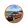 A picture of an orange and white VW ID buzz against a bright blue sky.