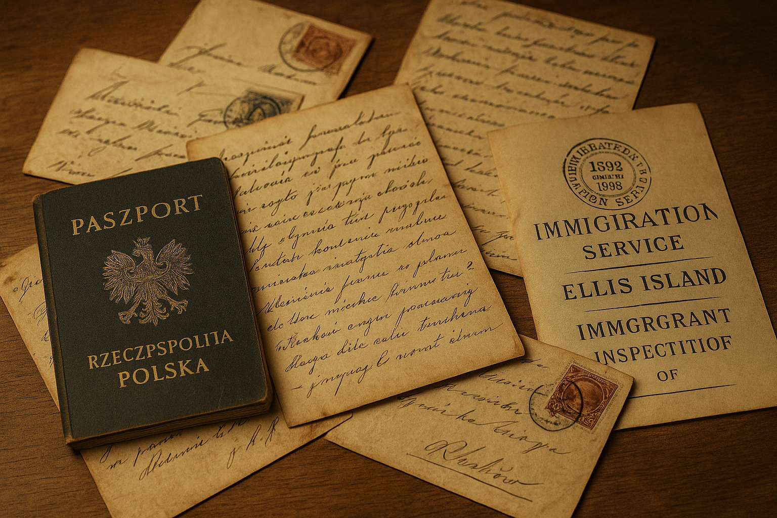 A collection of vintage documents spread out on a wooden table, including a Polish passport, handwritten letters in cursive, postmarked envelopes, and an aged Ellis Island immigration service brochure.