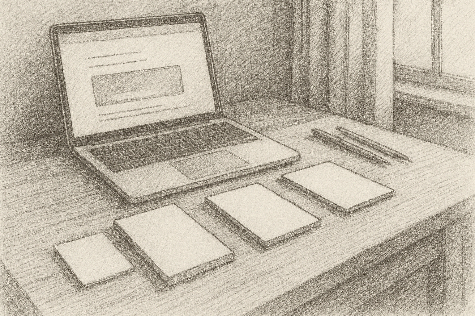 A laptop and several blank cover cards on a desk, symbolizing choosing a blog’s feature image.