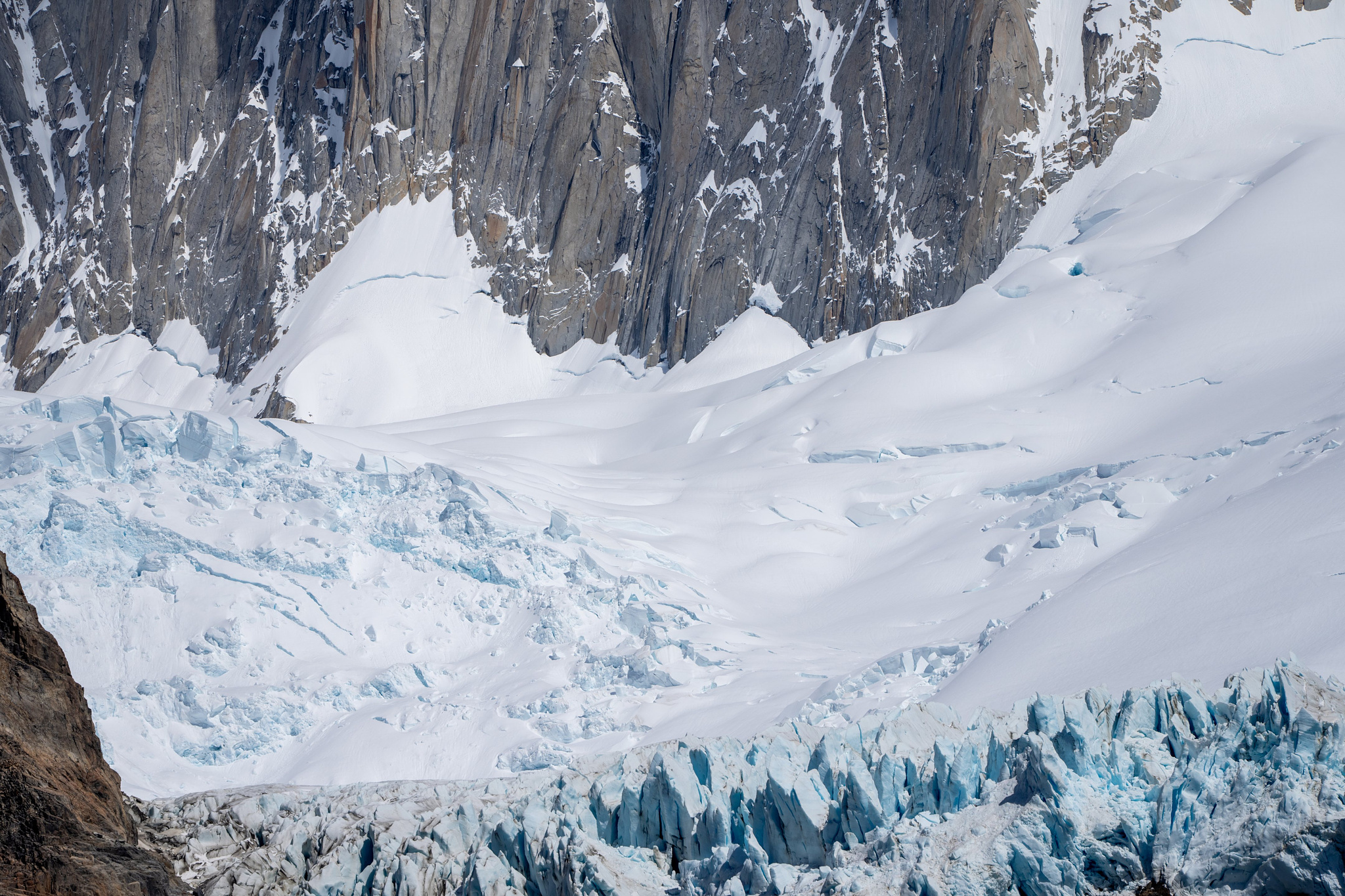 Where the Piedras Blancas glacier drops over a cliff huge blue ice pinnacles form