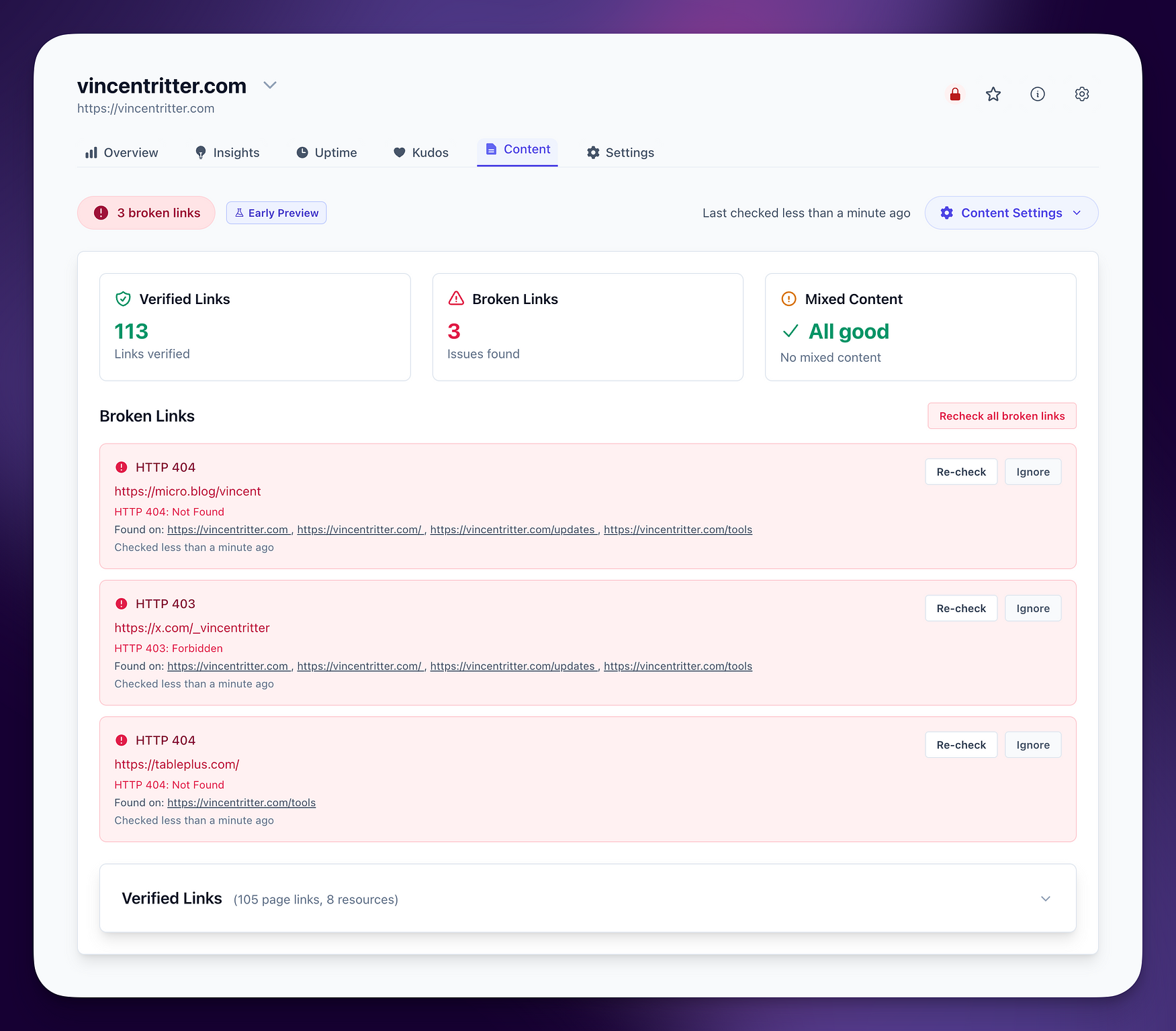 Content Monitor Dashboard showing an overview of broken and verified links, and other statuses.