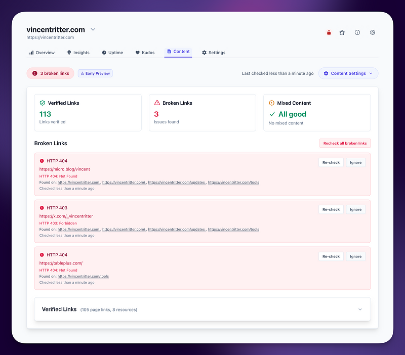 Content Monitor Dashboard showing an overview of broken and verified links, and other statuses.