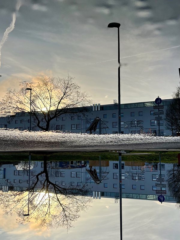 Reflection of Morning Sun and some buildings in puddle.