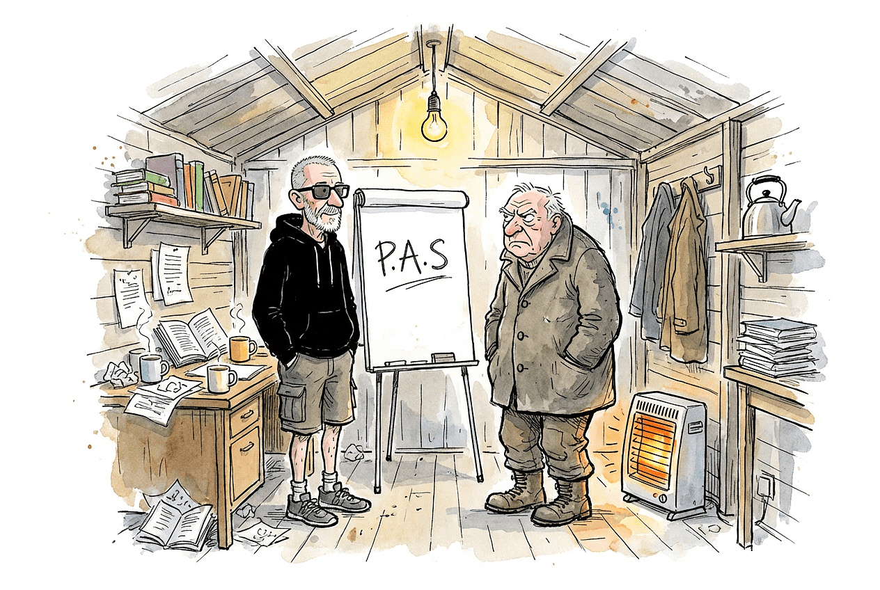 Andy and Arthur in the shed