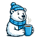 Immagine in formato cartoon di un orso polare con berretta di lana, sciarpa ed una tazza di caffè in mano.