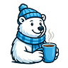 Immagine in formato cartoon di un orso polare con berretta di lana, sciarpa ed una tazza di caffè in mano.